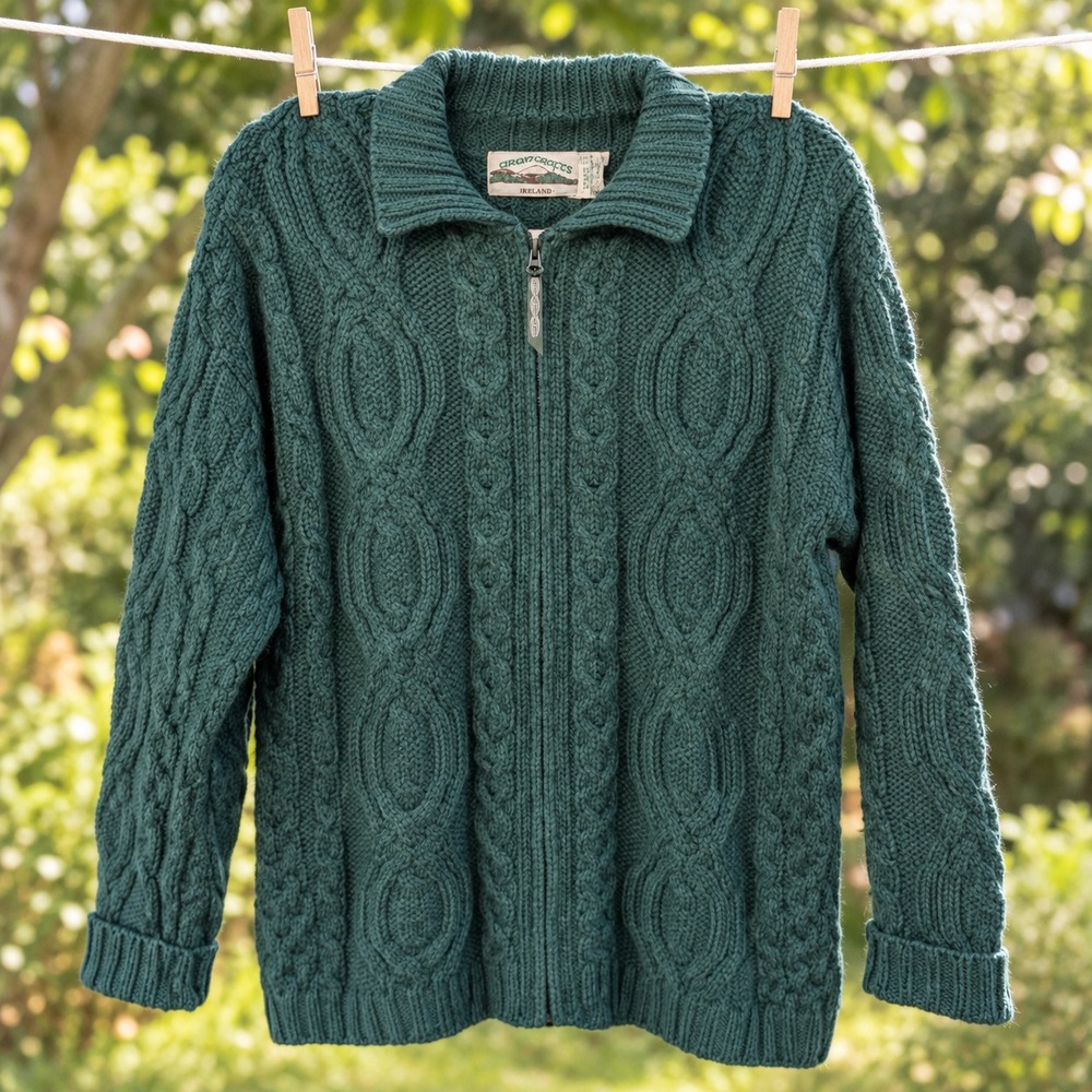 Aran Crafts Ireland Men's M Wool Cable Knit Zip Cardigan Teal Green